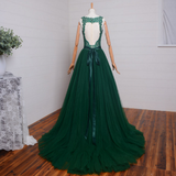 Solvbao Dark Green Tulle with Lace Applique Long Prom Dress, A-line Evening Dress, Formal Dress