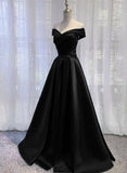 solvbao Pretty Off Shoulder Black Satin A-line Party Dress Formal Dress, Long Black Prom Dress