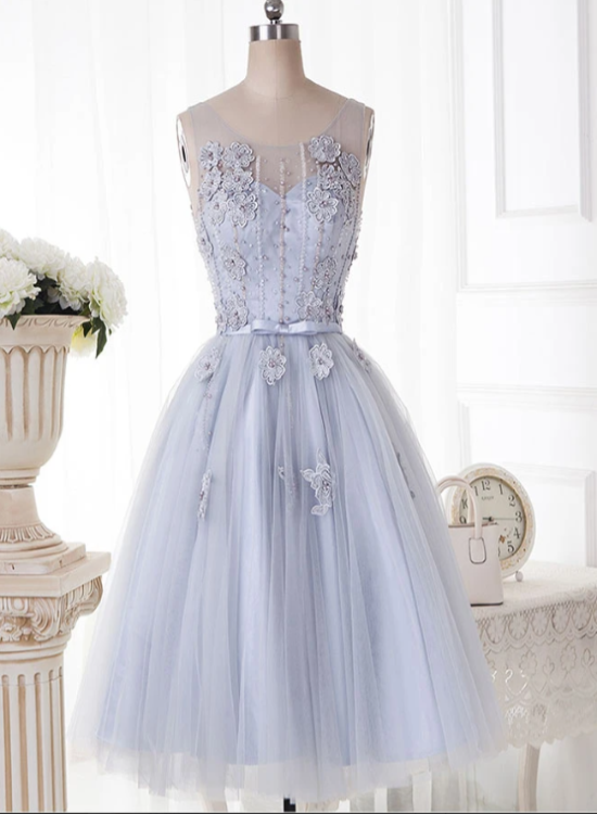 Solvbao Sliver Grey Tulle Short Beaded Homecoming Dress, Lovely Flowers Lace Short Prom Dress