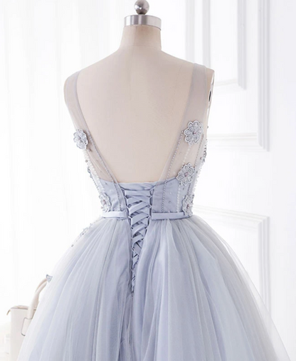 Solvbao Sliver Grey Tulle Short Beaded Homecoming Dress, Lovely Flowers Lace Short Prom Dress