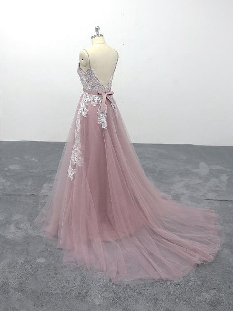 Solvbao Pink Tulle V-Neck Spaghetti Straps Bridal Gown, Floor-Length A-line Wedding Party Dress Formal Dress