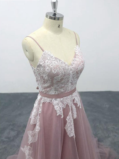 Solvbao Pink Tulle V-Neck Spaghetti Straps Bridal Gown, Floor-Length A-line Wedding Party Dress Formal Dress