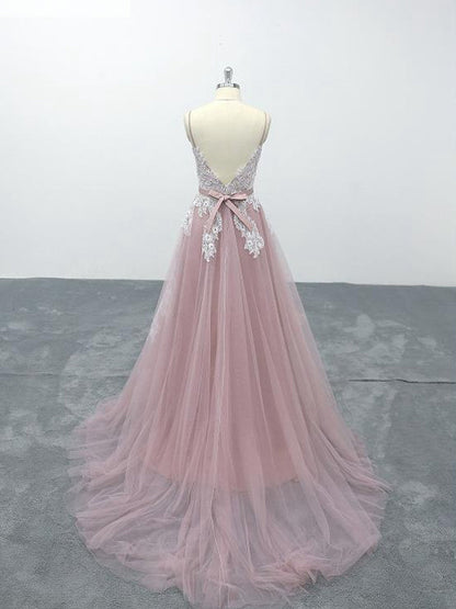 Solvbao Pink Tulle V-Neck Spaghetti Straps Bridal Gown, Floor-Length A-line Wedding Party Dress Formal Dress