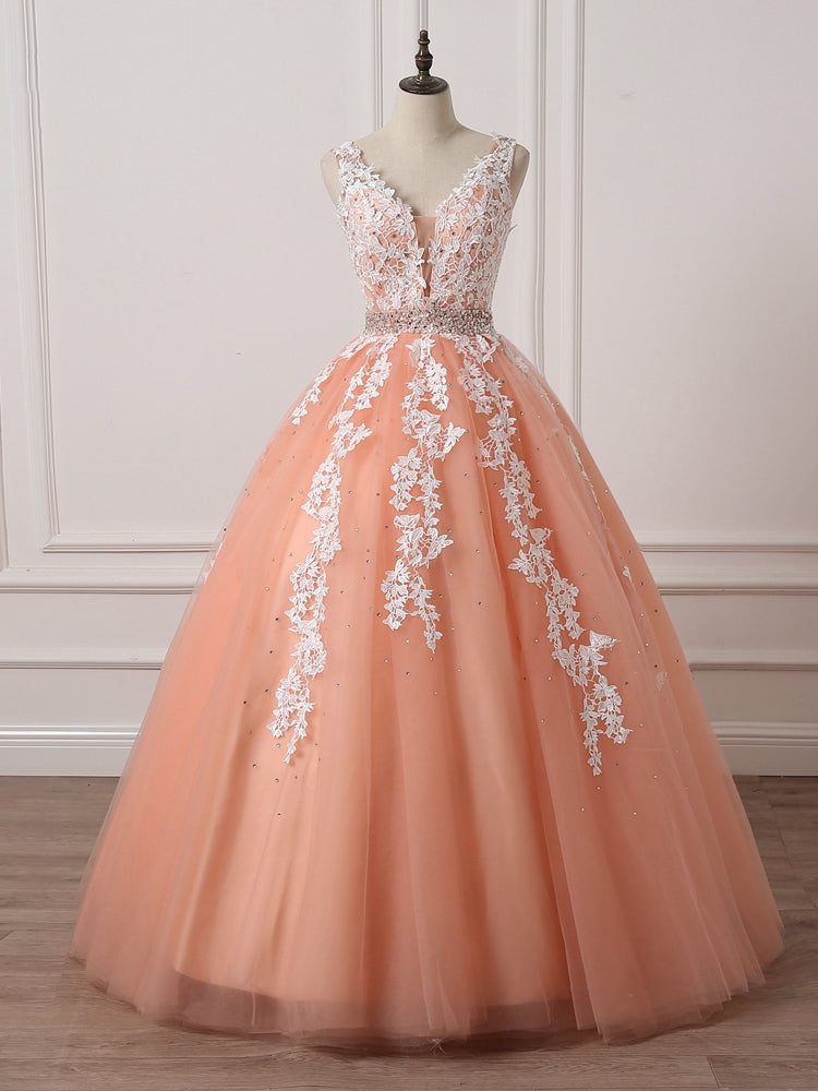 solvbao Charming Coral Princess V-neckline Formal Dress, Lace Applique Beaded Prom Dress