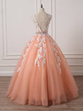 solvbao Charming Coral Princess V-neckline Formal Dress, Lace Applique Beaded Prom Dress