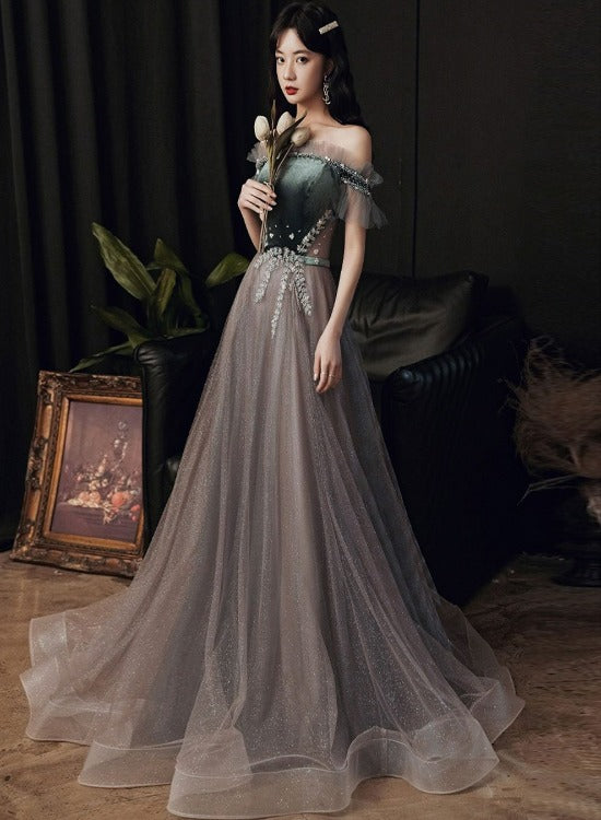 Solvbao Beautiful Off Shoulder Velvet and Tulle Long Party Dress, A-line Evening Dress Prom Dresse