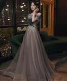 Solvbao Beautiful Off Shoulder Velvet and Tulle Long Party Dress, A-line Evening Dress Prom Dresse