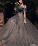 Solvbao Beautiful Off Shoulder Velvet and Tulle Long Party Dress, A-line Evening Dress Prom Dresse