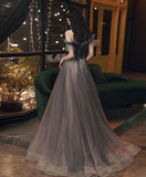 Solvbao Beautiful Off Shoulder Velvet and Tulle Long Party Dress, A-line Evening Dress Prom Dresse