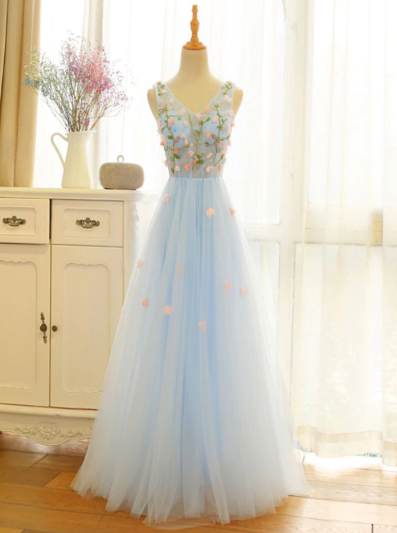 Solvbao Beautiful Blue V-neckline Floral Lace Tulle Party Dress, A-line Blue Evening Dress Prom Dresses