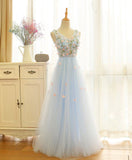 Solvbao Beautiful Blue V-neckline Floral Lace Tulle Party Dress, A-line Blue Evening Dress Prom Dresses