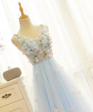 Solvbao Beautiful Blue V-neckline Floral Lace Tulle Party Dress, A-line Blue Evening Dress Prom Dresses