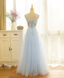 Solvbao Beautiful Blue V-neckline Floral Lace Tulle Party Dress, A-line Blue Evening Dress Prom Dresses