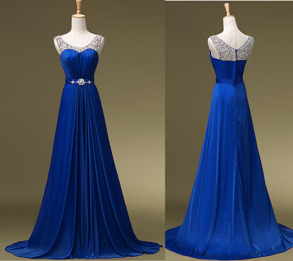 Solvbao Charming Blue Sequins Round Neckline Bridesmaid Dress, A-line Long Prom Dress