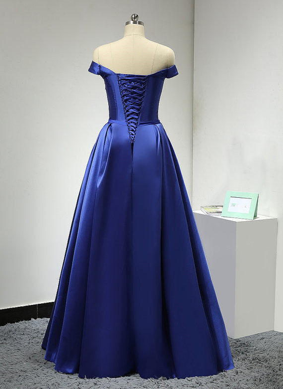 Solvbao Blue Simple Sweetheart Floor Length Prom Dress, A-Line Off Shoulder Formal Dress