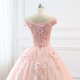 solvbao Pink Sweetheart Off Shoulder with Lace Long Sweet 16 Dress, Pink Formal Dress