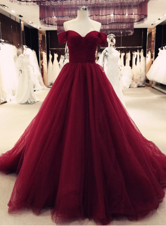 solvbao Gorgeous Burgundy Tulle Gown, Off Shoulder Sweetheart Princess Prom Dress, Junior Prom Dress