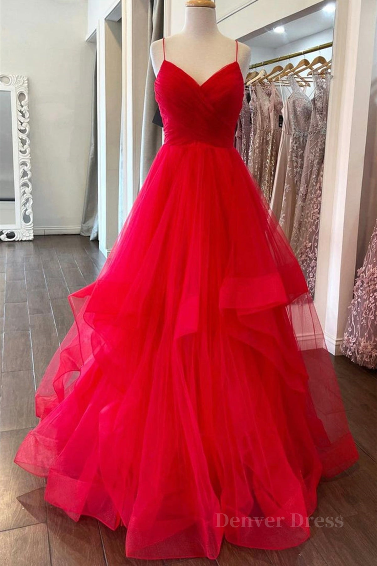 kamahe Puffy Red Tulle V Neck Long Prom Dresses, V Neck Red Formal Dresses, Red Evening Dresses