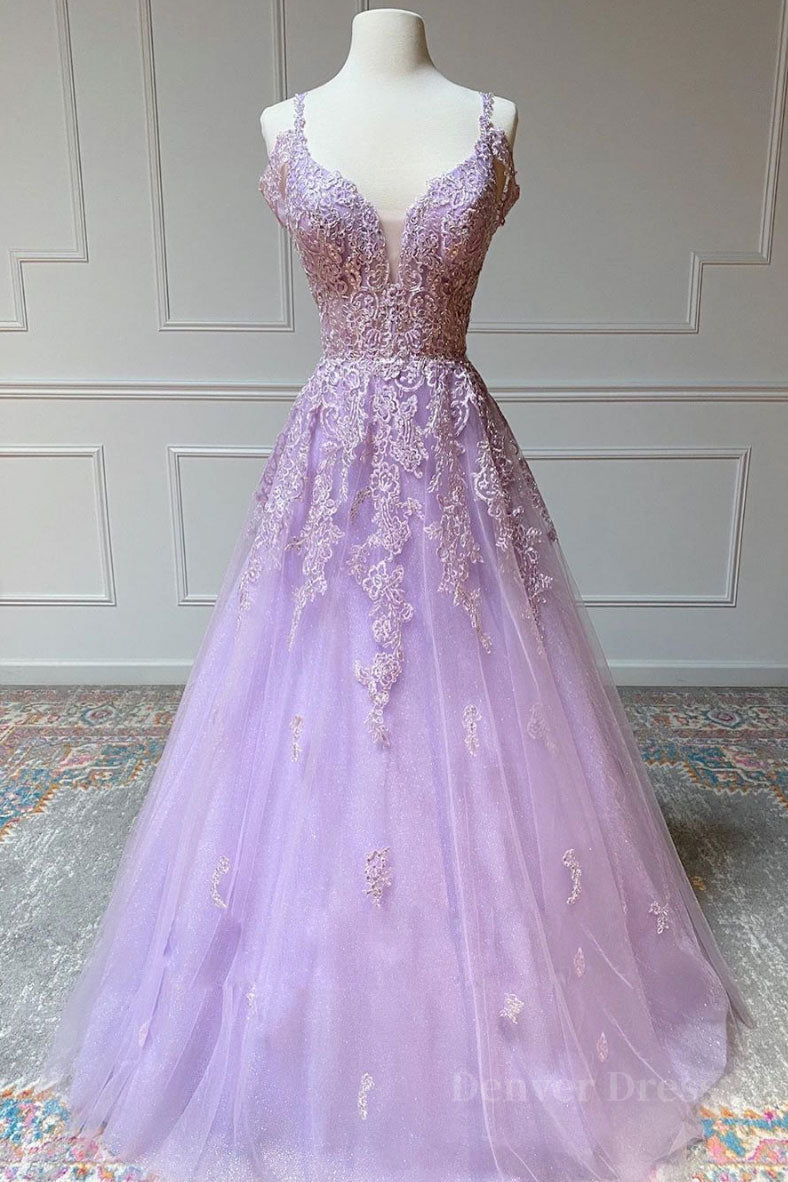 kamahe Purple v neck tulle lace long prom dress purple lace formal dress