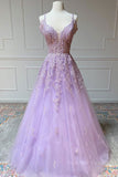 kamahe Purple v neck tulle lace long prom dress purple lace formal dress