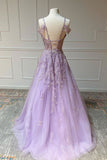 kamahe Purple v neck tulle lace long prom dress purple lace formal dress