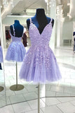 kamahe Purple v neck tulle lace short prom dress lace cocktail dress