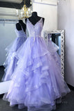 kamahe Purpler v neck tulle lace beads long prom dress tulle formal dress