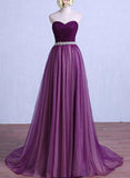 Solvbao Purple Tulle Sweetheart Long Wedding Party Dress with Belt, Purple Prom Dress Bridesmaid Dress