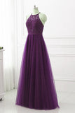 Solvbao Purple Halter Tulle with Lace Applique Long Prom Dress, A-line Floor Length Party Dress