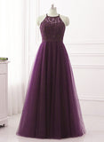 Solvbao Purple Halter Tulle with Lace Applique Long Prom Dress, A-line Floor Length Party Dress