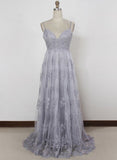 solvbao Grey Lace and Tulle Elegant Sweetheart Long Prom Dress , Charming Formal Dresses, Evening Gowns