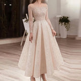 Luxury Beige Midi Evening Dress for Women Party Long Sleeve Illusion Neck Ankle Length Arabic Bridal Formal Gowns