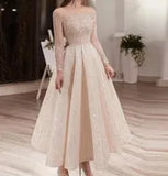 Luxury Beige Midi Evening Dress for Women Party Long Sleeve Illusion Neck Ankle Length Arabic Bridal Formal Gowns