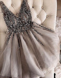 Gray Cocktail Dresses  V-Neck Sparkles Sequins Beading Tulle Short Prom Dresses Vestidos De Gala Women Graduation Gown Robe