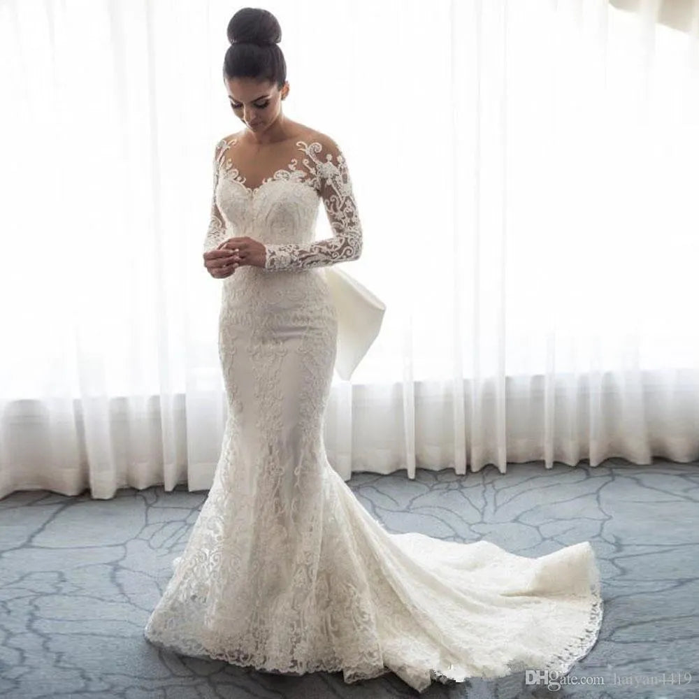 Luxury Mermaid Wedding Dresses Sheer Neck Long Sleeves Illusion Full Lace Applique Bow Overskirts Button Back Chapel Train Bridal Gowns