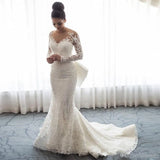 Luxury Mermaid Wedding Dresses Sheer Neck Long Sleeves Illusion Full Lace Applique Bow Overskirts Button Back Chapel Train Bridal Gowns