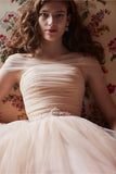 Nude BHLDN Wedding Dresses Off The Shoulder Delicate Sash Bridal Gowns Floor Length A Line Backless Wedding Gown