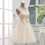 Light Champagne Knee Length Lace and Tulle Wedding Gown Lace-up With Bow Junior Bridesmaid Dresses