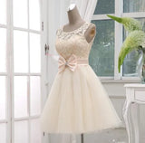 Light Champagne Knee Length Lace and Tulle Wedding Gown Lace-up With Bow Junior Bridesmaid Dresses