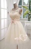 Light Champagne Knee Length Lace and Tulle Wedding Gown Lace-up With Bow Junior Bridesmaid Dresses