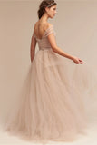 Nude BHLDN Wedding Dresses Off The Shoulder Delicate Sash Bridal Gowns Floor Length A Line Backless Wedding Gown