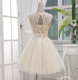 Light Champagne Knee Length Lace and Tulle Wedding Gown Lace-up With Bow Junior Bridesmaid Dresses