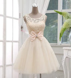 Light Champagne Knee Length Lace and Tulle Wedding Gown Lace-up With Bow Junior Bridesmaid Dresses