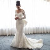 Luxury Mermaid Wedding Dresses Sheer Neck Long Sleeves Illusion Full Lace Applique Bow Overskirts Button Back Chapel Train Bridal Gowns