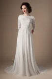 Ivory Champagne Modest Wedding Dresses With 3/4 Sleeves Beaded Lace A-line Chiffon Boho Informal Bridal Gown LDS Religious Wedding Gown