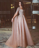 Luxury Blush Pink A Line Prom Dresses Spaghetti Straps Beaded Crystals Floral Applique Wateau Train Rhinestone Formal Evening Party Gowns