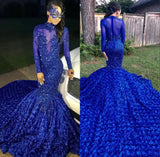 Royal Blue Black Girls Mermaid Long Prom Dresses  Long Sleeves 3d Floral Skirt Lace Applique Beaded Formal Party Evening Gowns BC0749