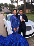 Royal Blue Black Girls Mermaid Long Prom Dresses  Long Sleeves 3d Floral Skirt Lace Applique Beaded Formal Party Evening Gowns BC0749