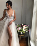 Berta Bohemian Wedding Dresses Beaded Deep V Neck Boho Bridal Gowns A Line Side Split Floor Length Tulle Vestido De Novia