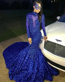 Royal Blue Black Girls Mermaid Long Prom Dresses  Long Sleeves 3d Floral Skirt Lace Applique Beaded Formal Party Evening Gowns BC0749